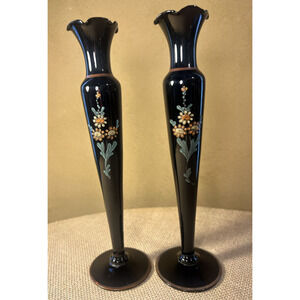 (2) Vintage Tiffin Glass Ebony Black Glass Floral Decorated Bud Vases 10"